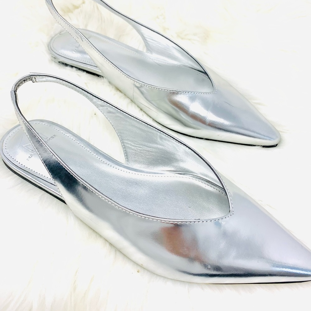 Marc Fisher metallic silver pointed toe sling back flats
